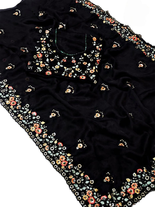 Elegant Black Satin Chiffon Embroidered Saree