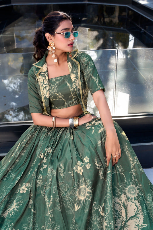 Designer Floral Print Tussar Silk Lehenga Choli with Koti